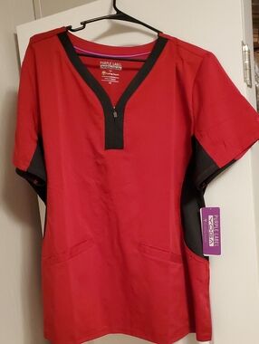 healing hands Red Scrub Top with Black Trim